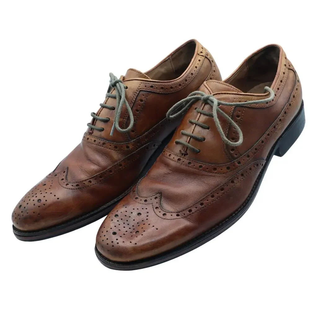 Johnston & Murphy Brogue Wingtip Lace Up Oxford Leather Tan Brown Men 8.5 Dress